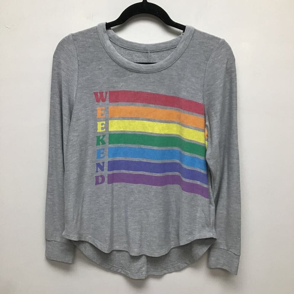 Chaser Womens T-Shirt Rainbow Stripes Weekend Gray Long Sleeve High Low M